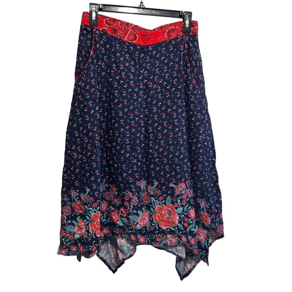 Weavers Dresses & Skirts - Weavers Navy Blue Floral Handkerchief Hem Boho Midi Skirt Small Red Paisley Trim